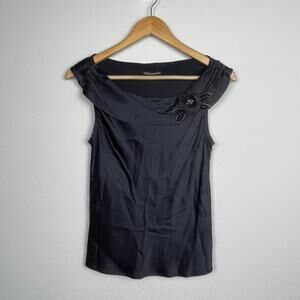 Tessuto Silk‎ Ruffle Neck Sleeveless Top M Whimsigoth Fairy Black Applique